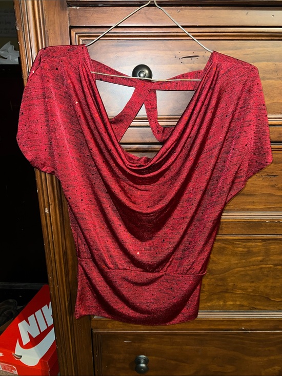 HeartSoul Tops - HeartSoul Red Drape-Back Womens Top with Glitter Detail